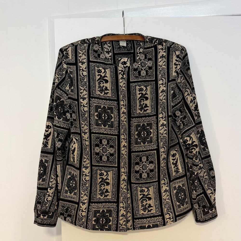 Vintage Susan Hutton Blouse Womens 12 Black Tan Baroque Button Down Shirt